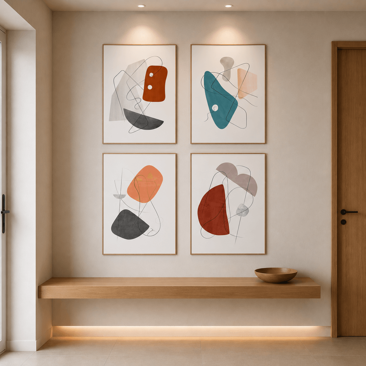 KIT 4 QUADROS DECORATIVOS - COMPOSIÇÃO ABSTRATA COM LINHAS CINZENTAS